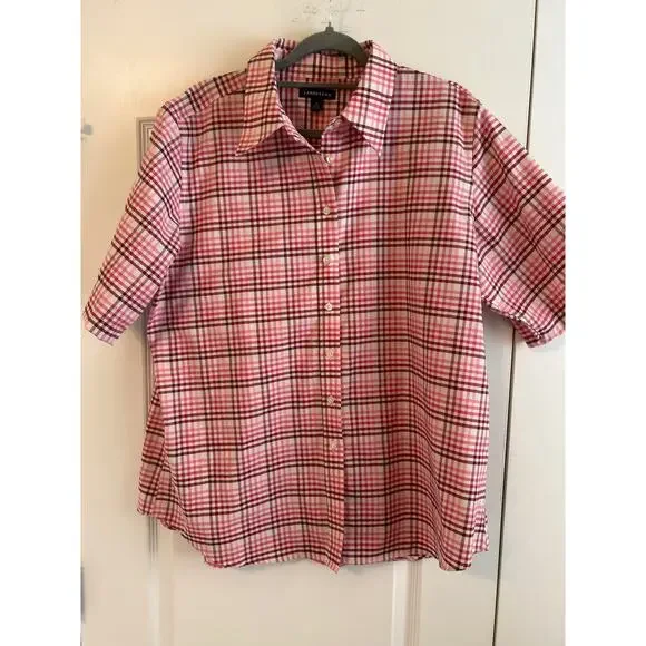 Lands' End Men's Pink and Red Plaid Button Up Short Sleeve Shirt size XL - Picture 1 of 3
